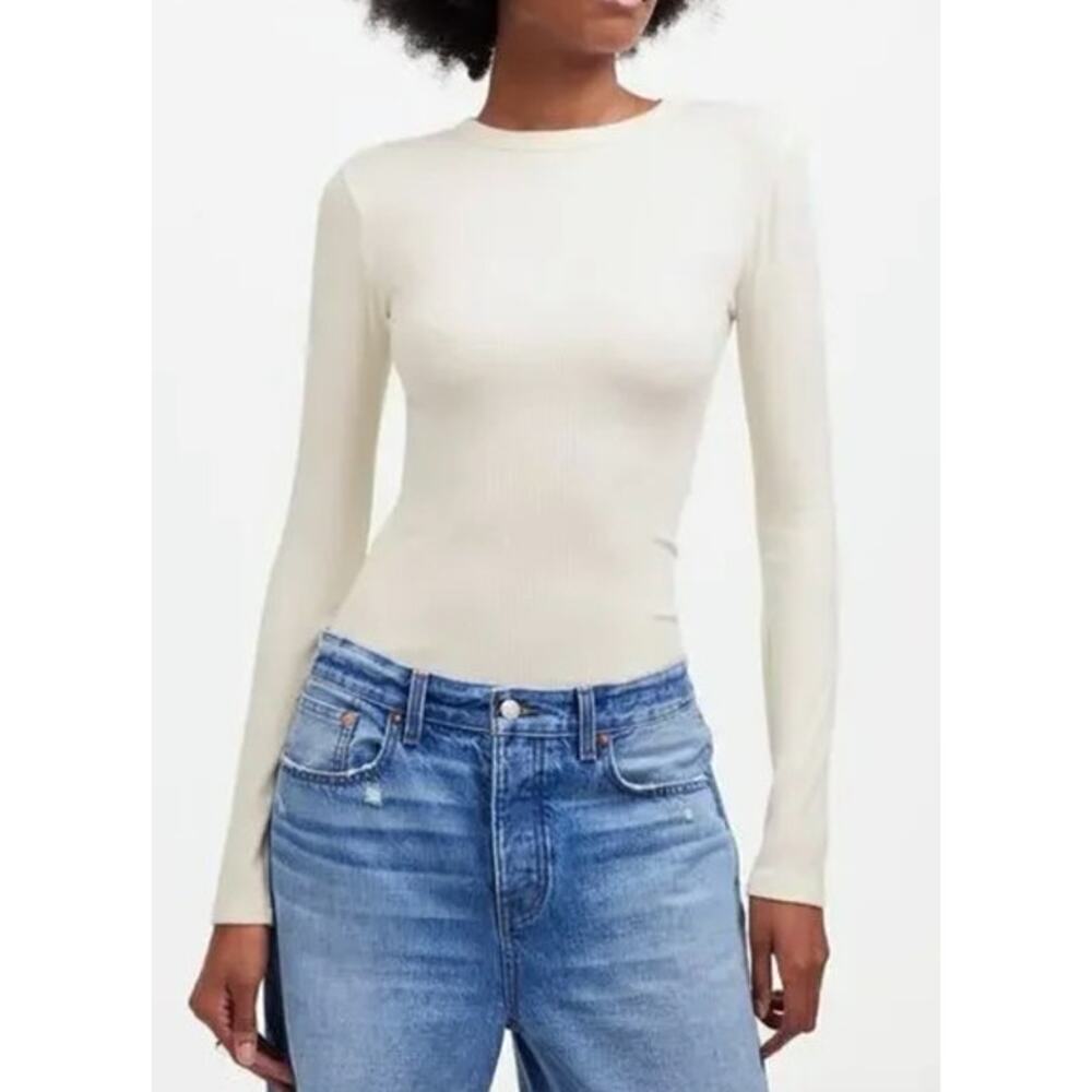 Madewell Drapey Soft Modal Rib T Shirt Long Sleeve Winter White Ivory Nwt Xxs